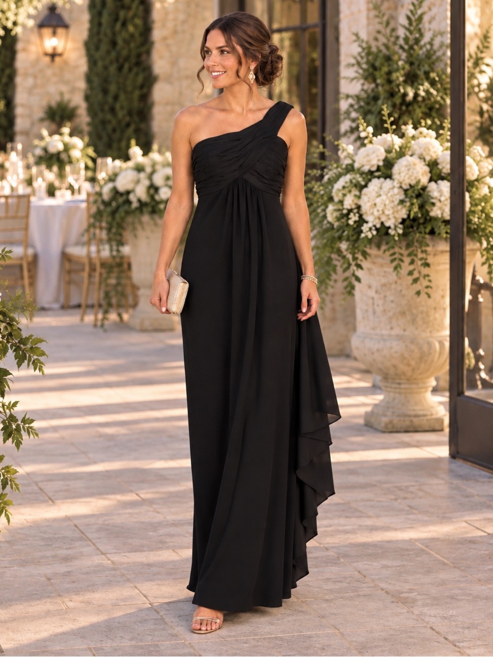 DAVID'S BRIDAL Women's Black One-Shoulder Ruched Evening Dress 8